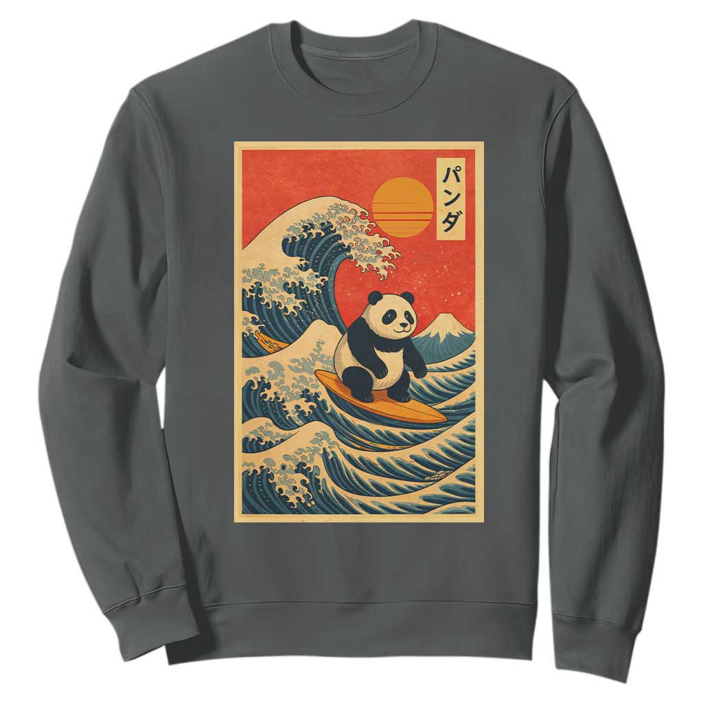 Panda Surfing Japanese Sweatshirt Vintage Great Wave Off Kanagawa Anime Kawaii TS10 Dark Heather Print Your Wear