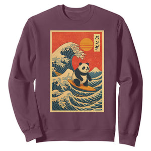 Panda Surfing Japanese Sweatshirt Vintage Great Wave Off Kanagawa Anime Kawaii TS10 Maroon Print Your Wear