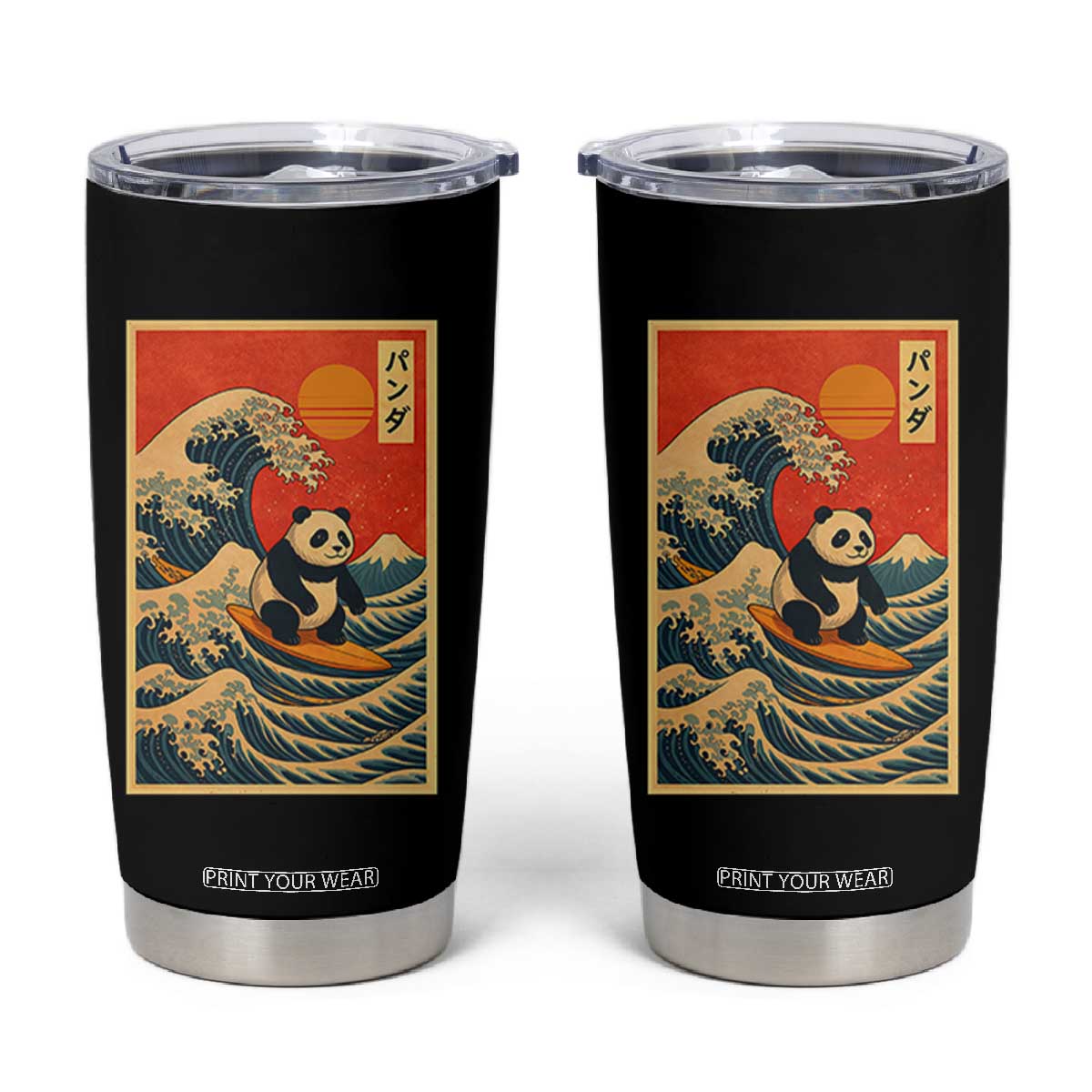 Panda Surfing Japanese Tumbler Cup Vintage Great Wave Off Kanagawa Anime Kawaii TS10 Black Print Your Wear