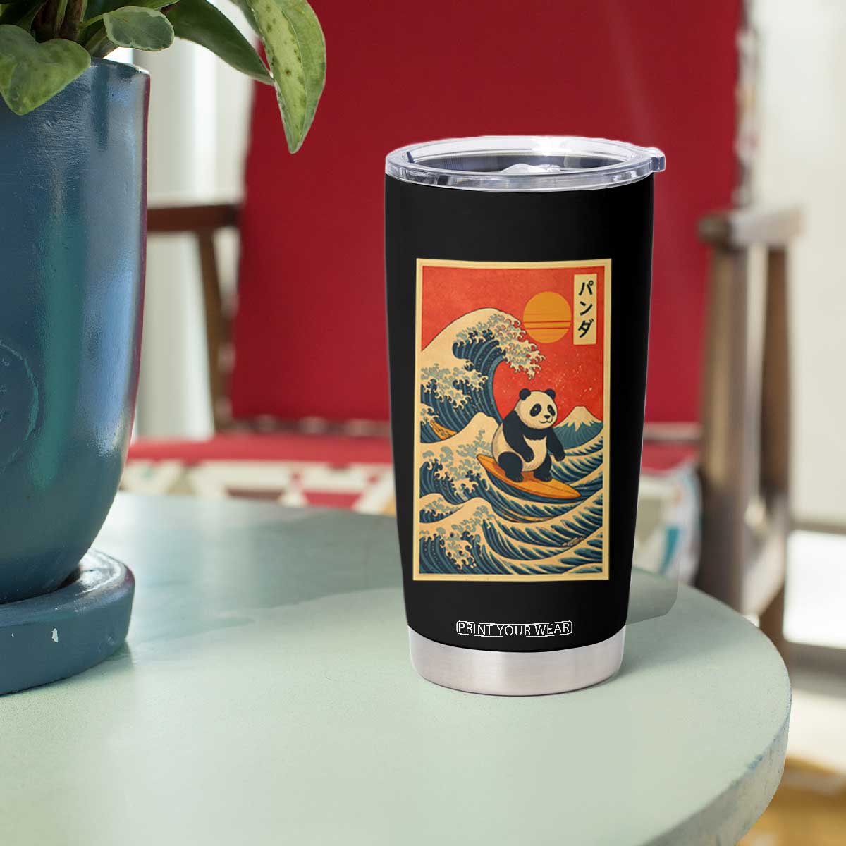 Panda Surfing Japanese Tumbler Cup Vintage Great Wave Off Kanagawa Anime Kawaii TS10 Print Your Wear