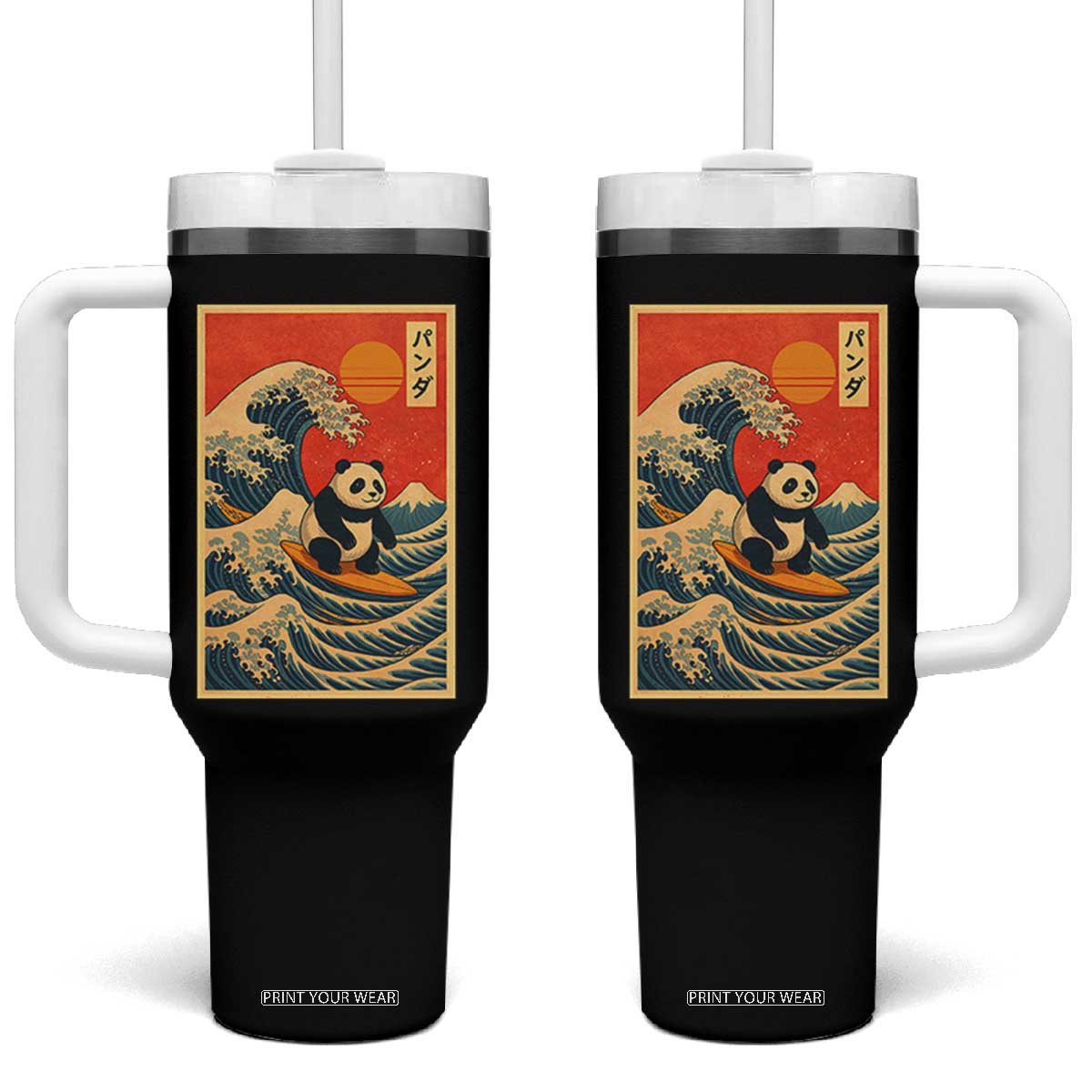 Panda Surfing Japanese Tumbler With Handle Vintage Great Wave Off Kanagawa Anime Kawaii TS10 One Size: 40 oz Black Print Your Wear