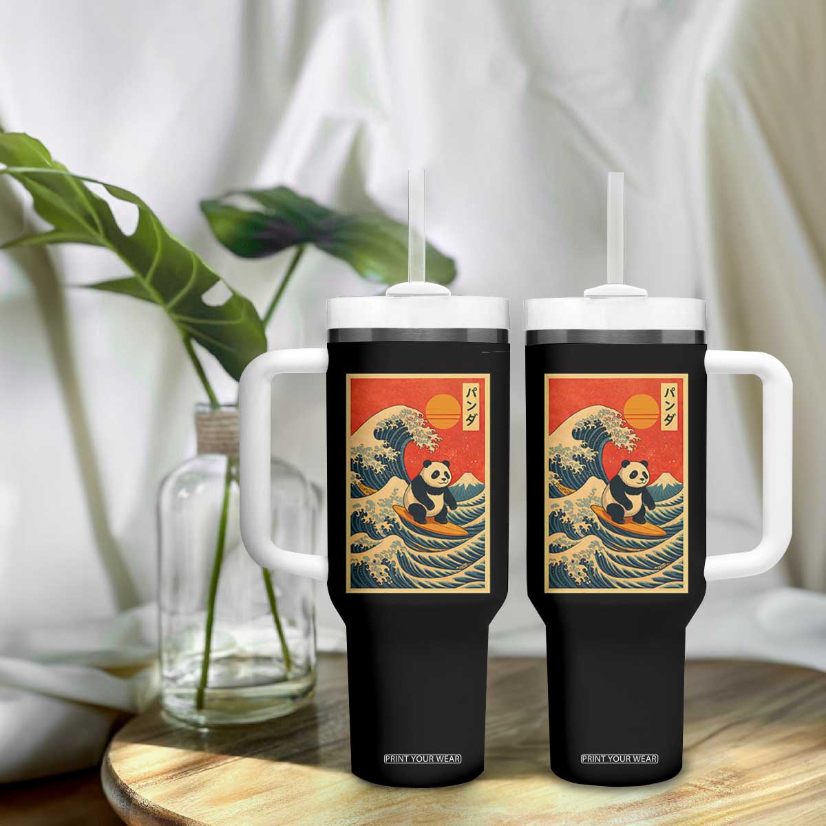 Panda Surfing Japanese Tumbler With Handle Vintage Great Wave Off Kanagawa Anime Kawaii TS10 Print Your Wear
