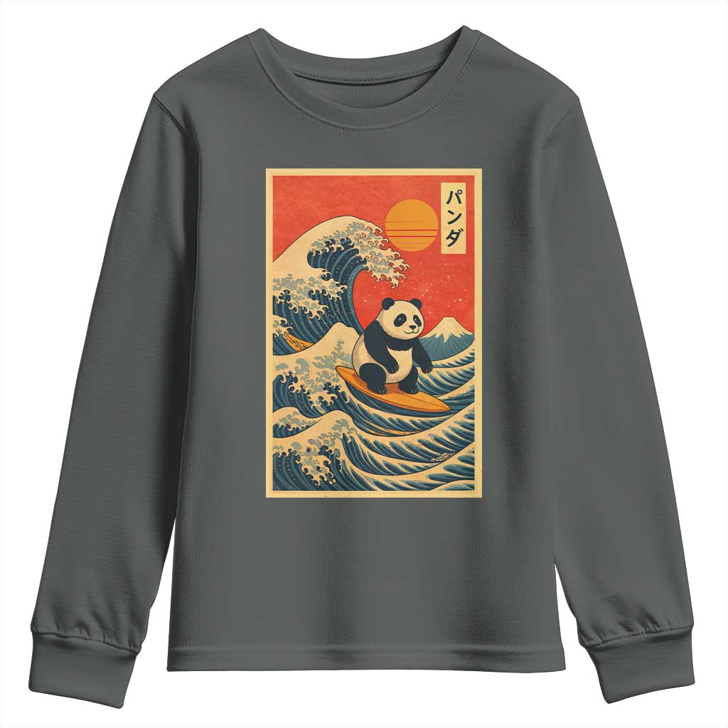 Panda Surfing Japanese Youth Sweatshirt Vintage Great Wave Off Kanagawa Anime Kawaii TS10 Dark Heather Print Your Wear