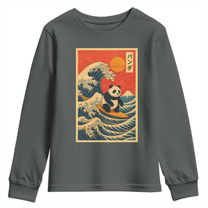 Panda Surfing Japanese Youth Sweatshirt Vintage Great Wave Off Kanagawa Anime Kawaii TS10 Dark Heather Print Your Wear