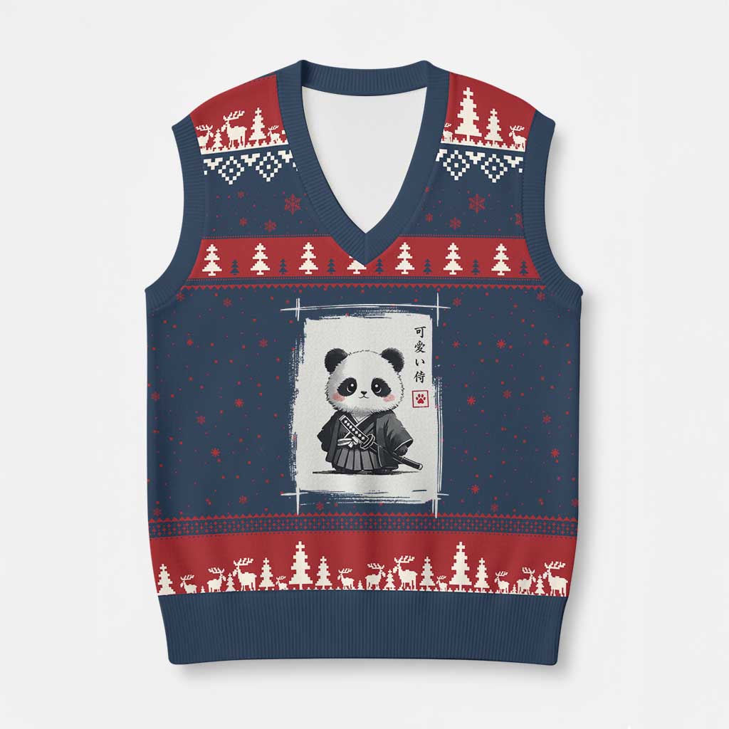 Kawaii Anime Samurai Panda V-Neck Knit Sweater Vest Vintage Sumi-e Japanese Art Funny Panda Lovers TS10 Navy Red Print Your Wear