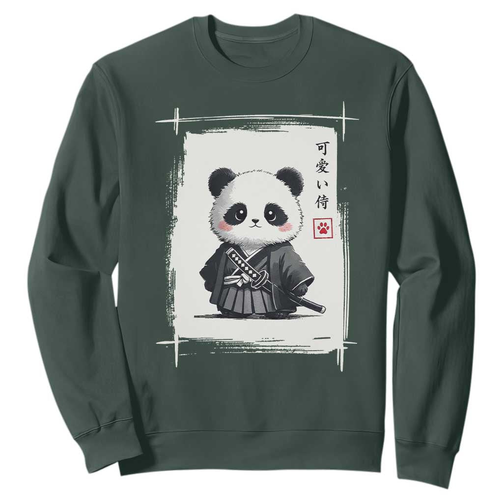 Kawaii Anime Samurai Panda Sweatshirt Vintage Sumi-e Japanese Art Funny Panda Lovers TS10 Dark Forest Green Print Your Wear