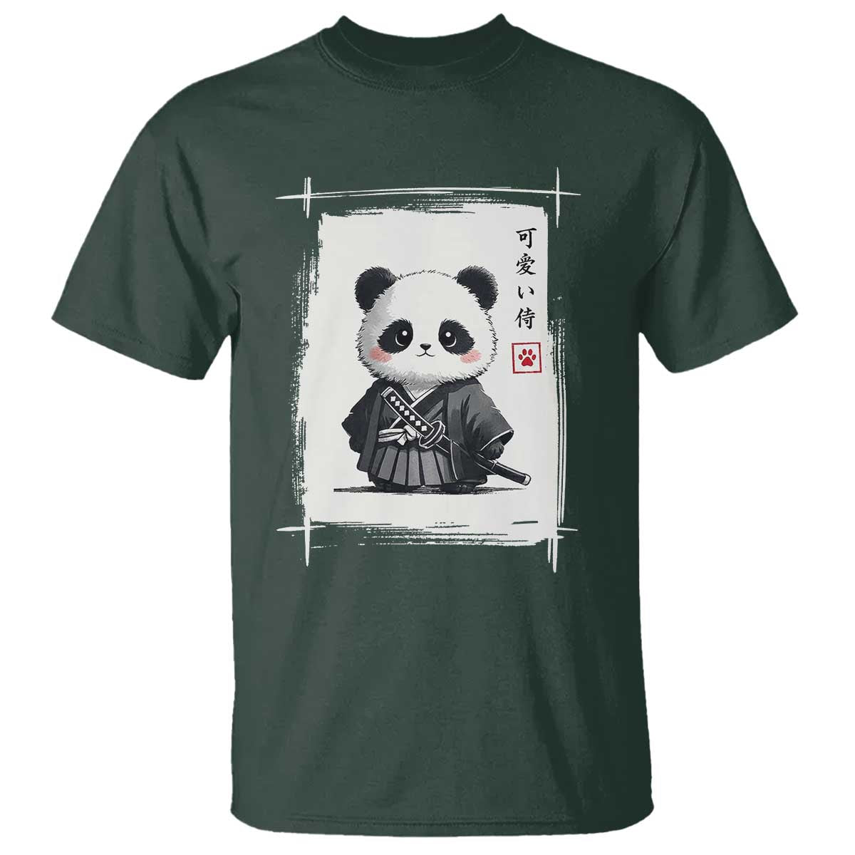 Kawaii Anime Samurai Panda T Shirt Vintage Sumi-e Japanese Art Funny Panda Lovers TS10 Dark Forest Green Print Your Wear