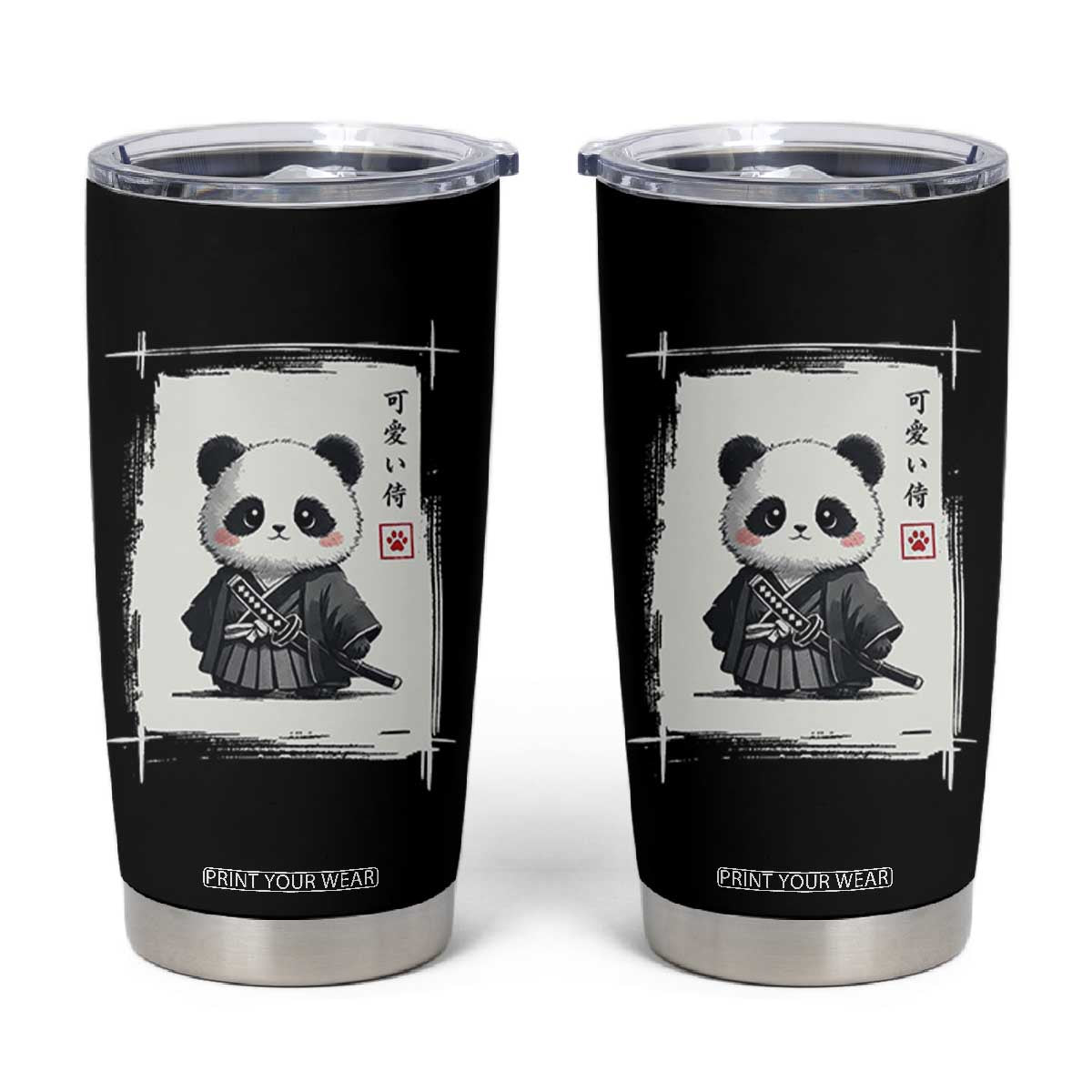 Kawaii Anime Samurai Panda Tumbler Cup Vintage Sumi-e Japanese Art Funny Panda Lovers TS10 Black Print Your Wear