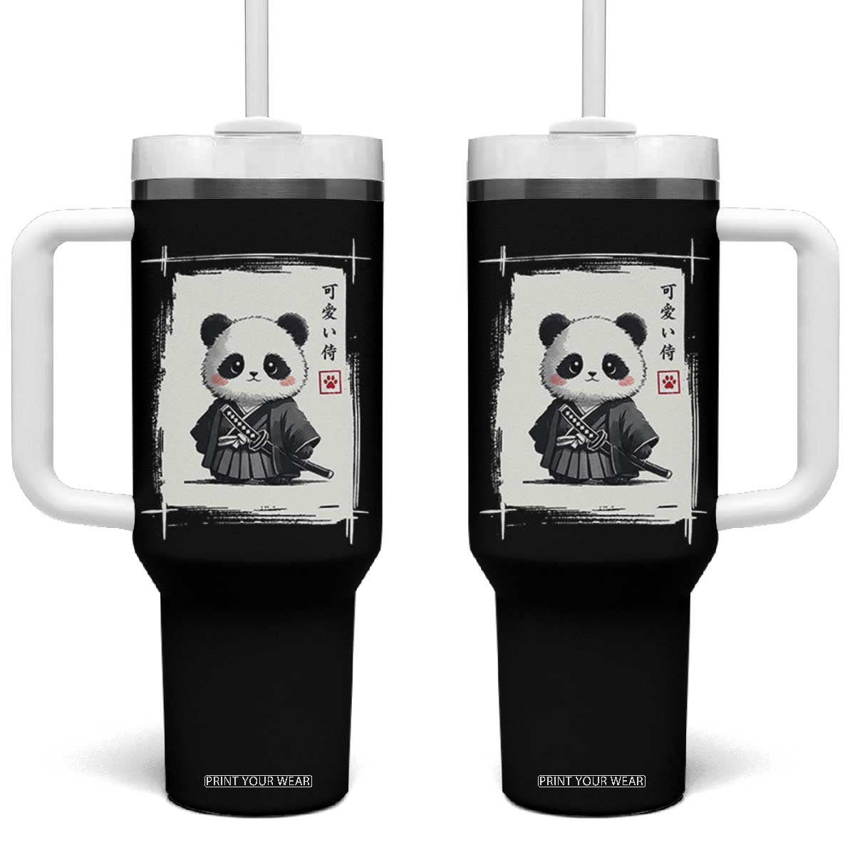 Kawaii Anime Samurai Panda Tumbler With Handle Vintage Sumi-e Japanese Art Funny Panda Lovers TS10 One Size: 40 oz Black Print Your Wear