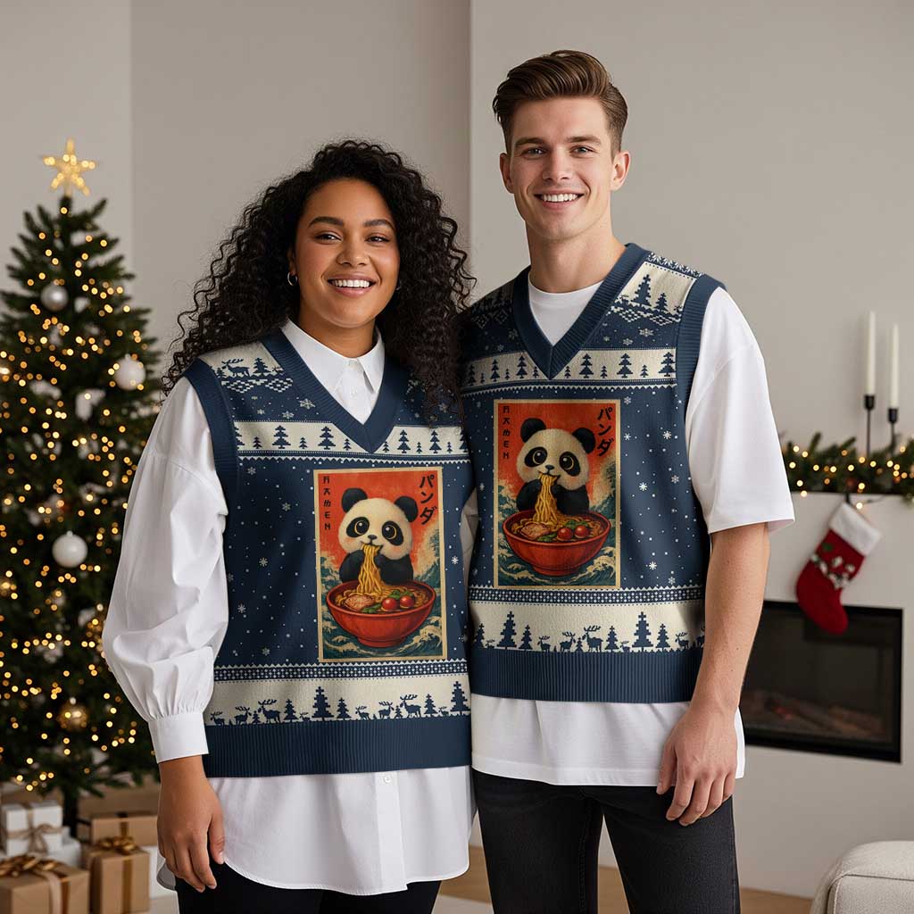 Kawaii Anime Panda Ramen V-Neck Knit Sweater Vest Funny Japanese Noodles Anime Lovers TS10 Navy Beige Print Your Wear