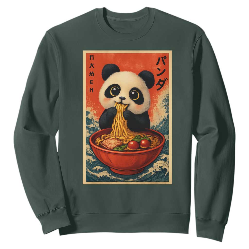 Kawaii Anime Panda Ramen Sweatshirt Funny Japanese Noodles Anime Lovers TS10 Dark Forest Green Print Your Wear