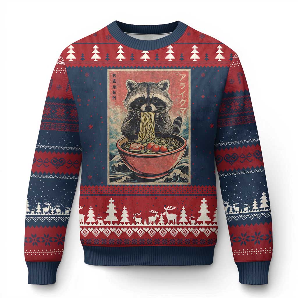 Kawaii Anime Raccoon Ramen Ugly Christmas Sweater Funny Japanese Noodles Anime Lovers TS10 Navy Red Print Your Wear