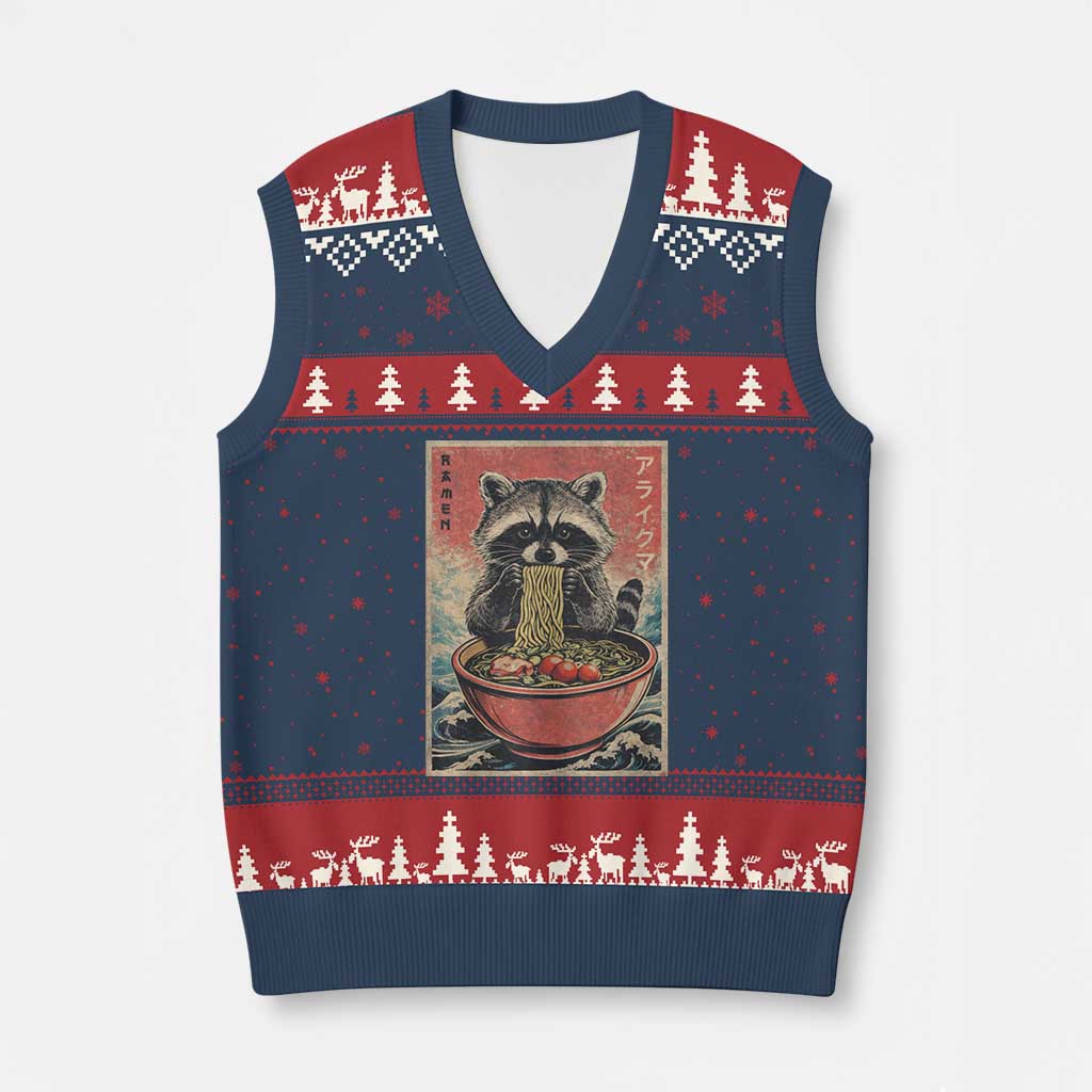 Kawaii Anime Raccoon Ramen V-Neck Knit Sweater Vest Funny Japanese Noodles Anime Lovers TS10 Navy Red Print Your Wear