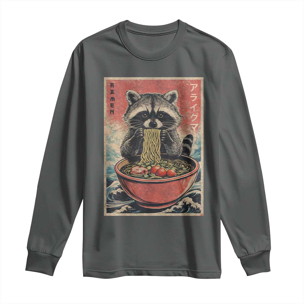 Kawaii Anime Raccoon Ramen Long Sleeve Shirt Funny Japanese Noodles Anime Lovers TS10 Dark Heather Print Your Wear