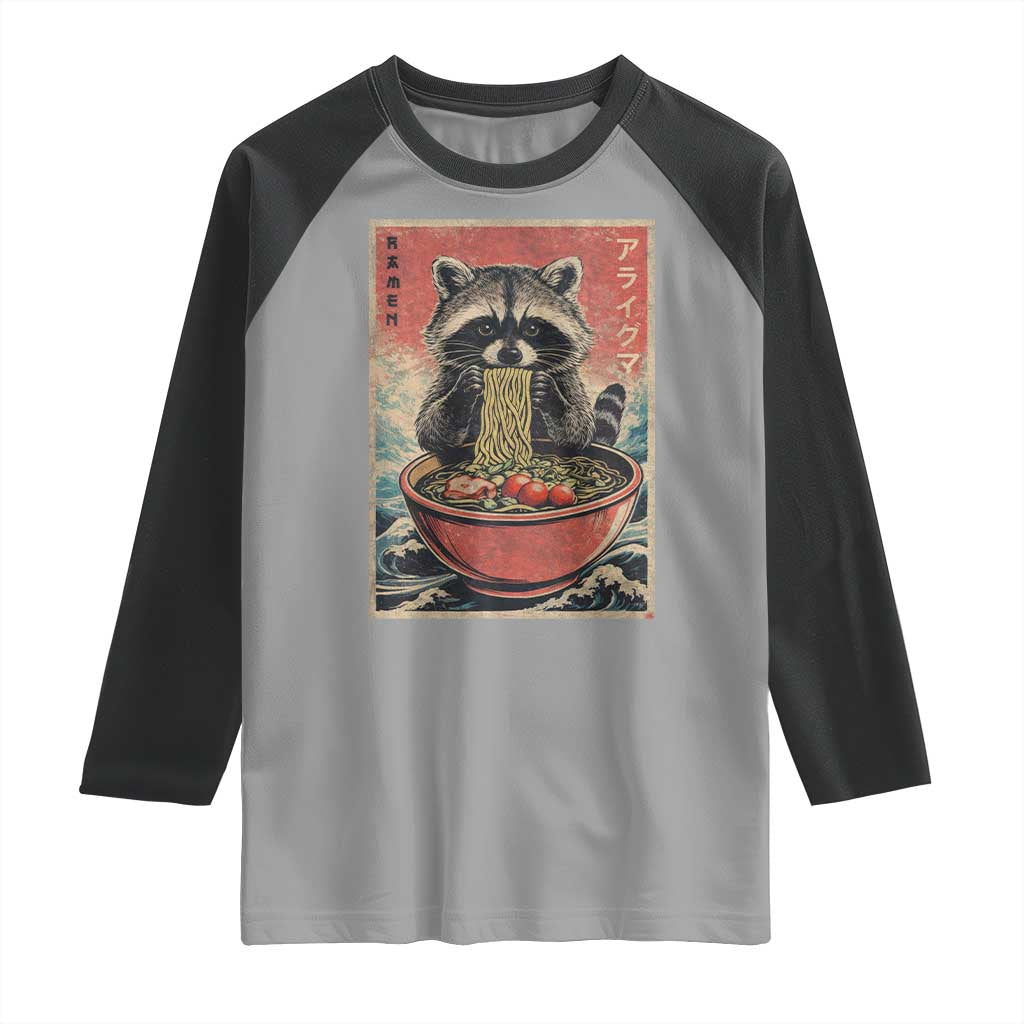 Kawaii Anime Raccoon Ramen Raglan Shirt Funny Japanese Noodles Anime Lovers TS10 Sport Gray Black Print Your Wear