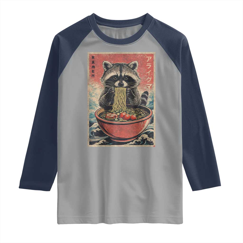 Kawaii Anime Raccoon Ramen Raglan Shirt Funny Japanese Noodles Anime Lovers TS10 Sport Gray Navy Print Your Wear