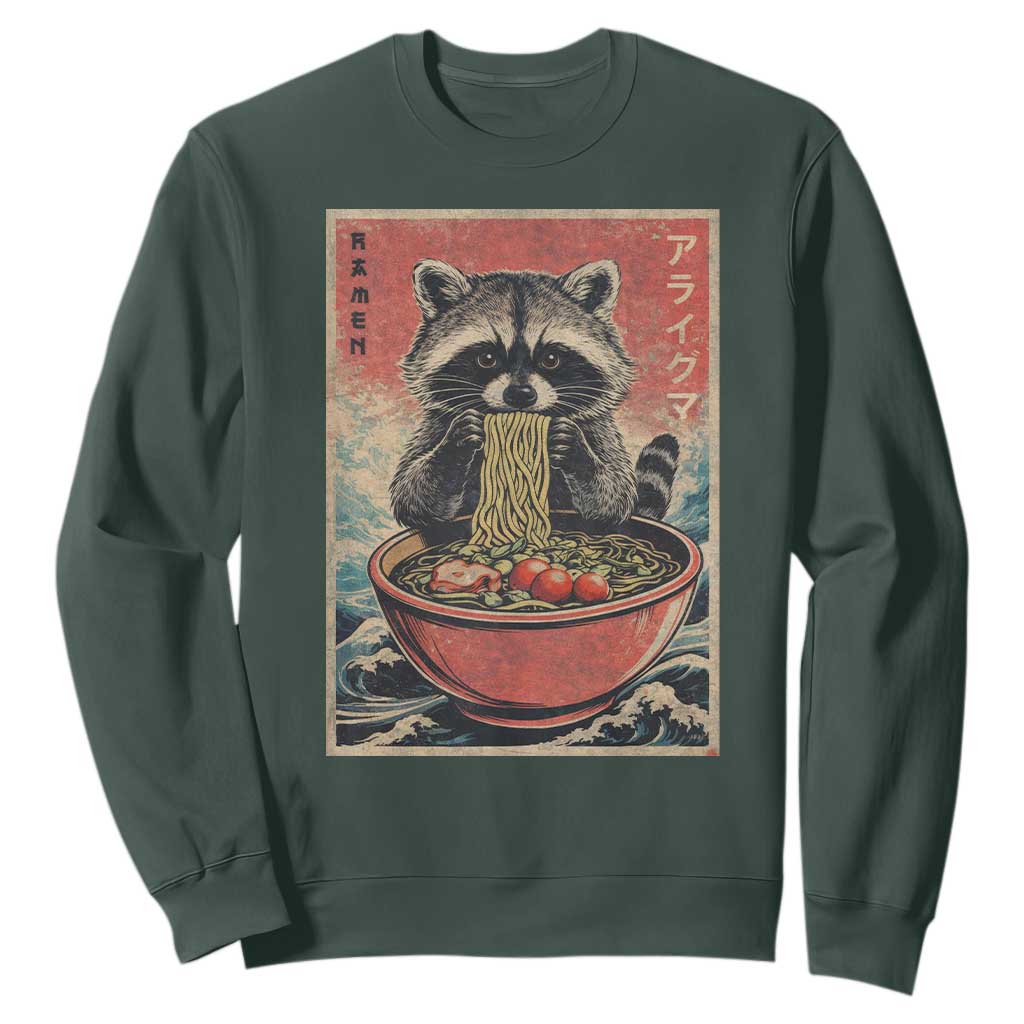 Kawaii Anime Raccoon Ramen Sweatshirt Funny Japanese Noodles Anime Lovers TS10 Dark Forest Green Print Your Wear