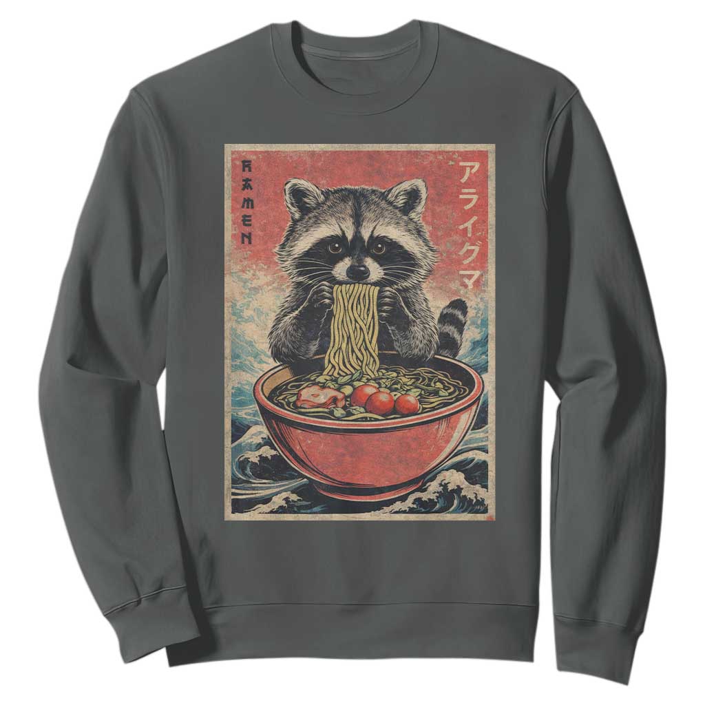Kawaii Anime Raccoon Ramen Sweatshirt Funny Japanese Noodles Anime Lovers TS10 Dark Heather Print Your Wear