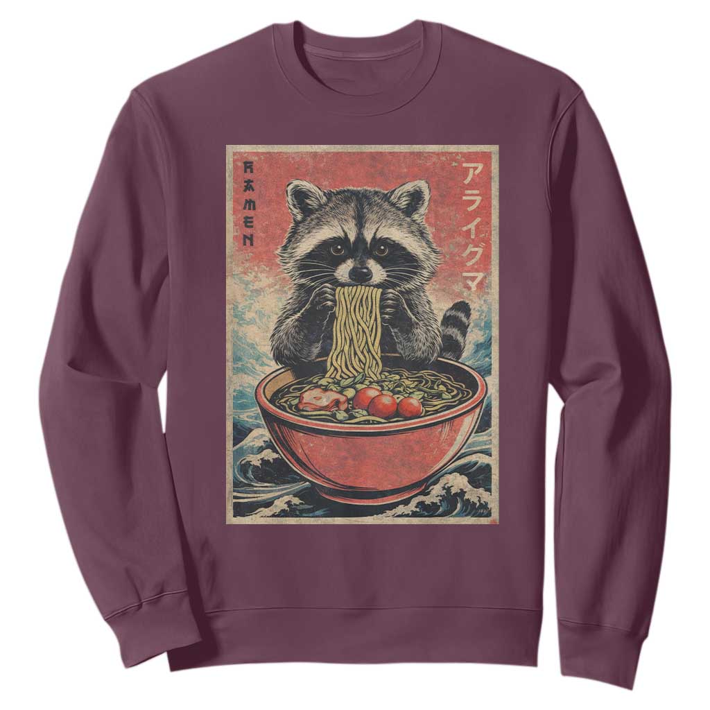 Kawaii Anime Raccoon Ramen Sweatshirt Funny Japanese Noodles Anime Lovers TS10 Maroon Print Your Wear