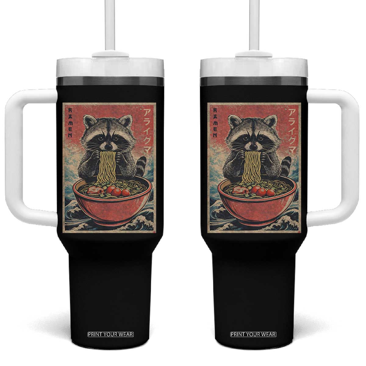 Kawaii Anime Raccoon Ramen Tumbler With Handle Funny Japanese Noodles Anime Lovers TS10 One Size: 40 oz Black Print Your Wear