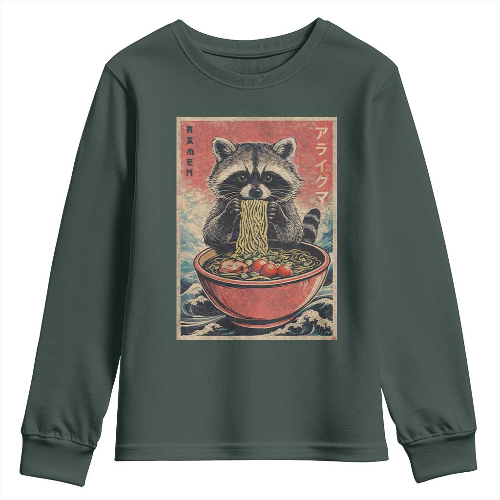 Kawaii Anime Raccoon Ramen Youth Sweatshirt Funny Japanese Noodles Anime Lovers TS10 Dark Forest Green Print Your Wear