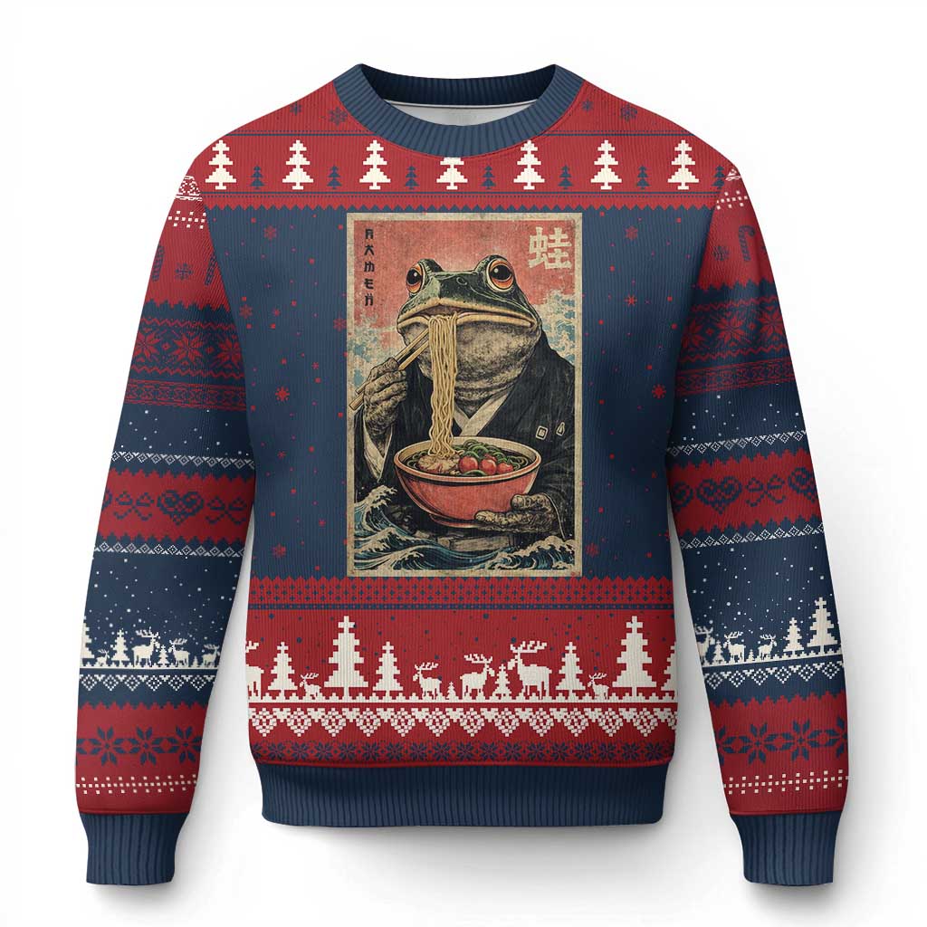 Frog Eat Ramen Ugly Christmas Sweater Funny Japanese Noodles Anime Lovers Kawaii Anime TS10 Navy Red Print Your Wear