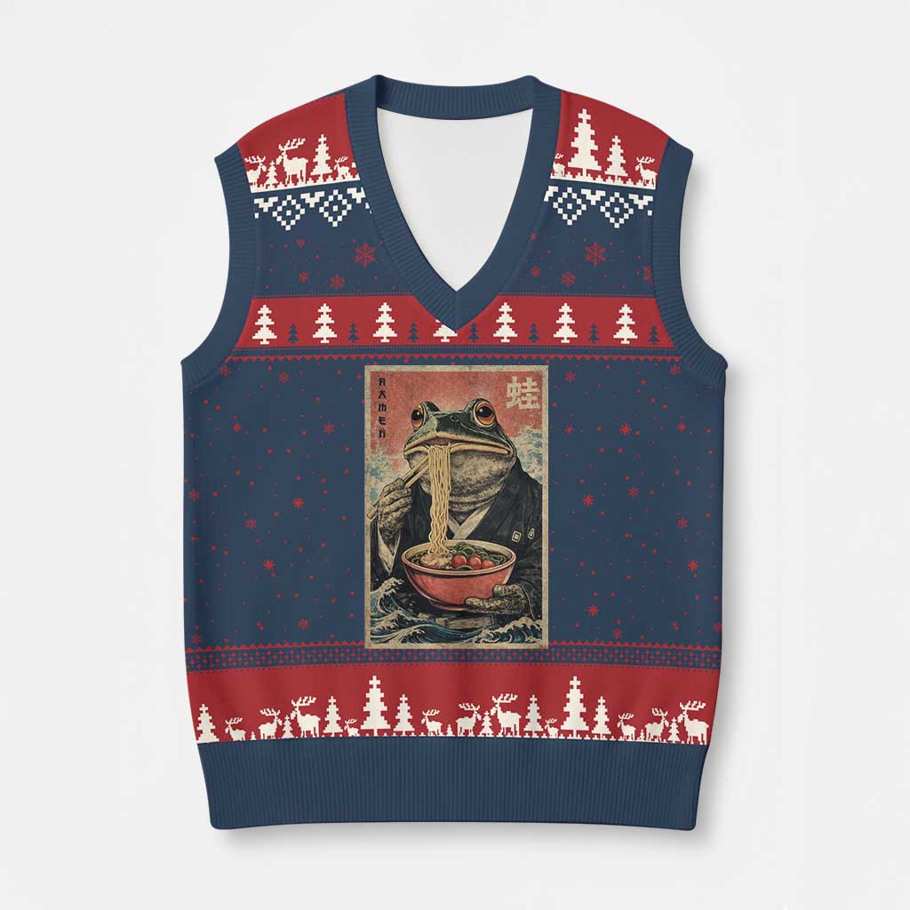 Frog Eat Ramen V-Neck Knit Sweater Vest Funny Japanese Noodles Anime Lovers Kawaii Anime TS10 Navy Red Print Your Wear