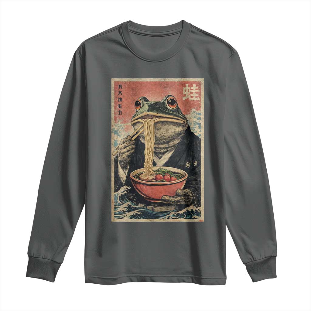 Frog Eat Ramen Long Sleeve Shirt Funny Japanese Noodles Anime Lovers Kawaii Anime TS10 Dark Heather Print Your Wear