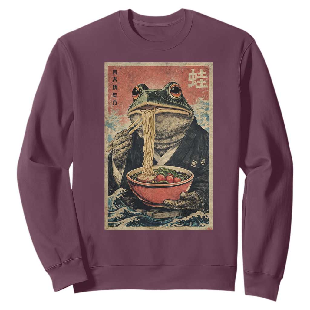 Frog Eat Ramen Sweatshirt Funny Japanese Noodles Anime Lovers Kawaii Anime TS10 Maroon Print Your Wear