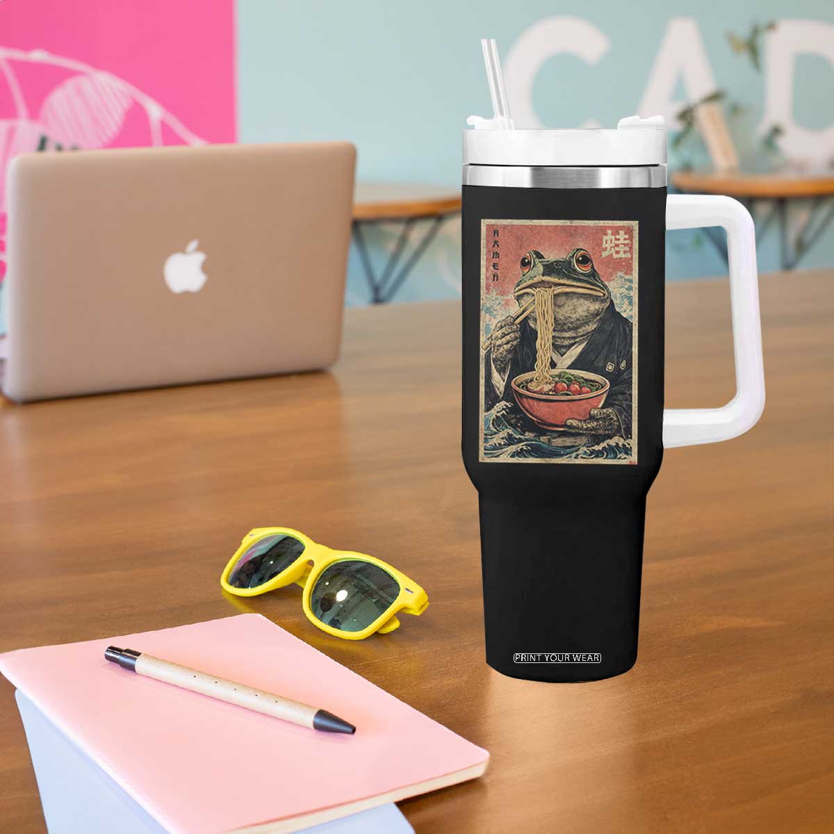 Frog Eat Ramen Tumbler With Handle Funny Japanese Noodles Anime Lovers Kawaii Anime TS10 Print Your Wear