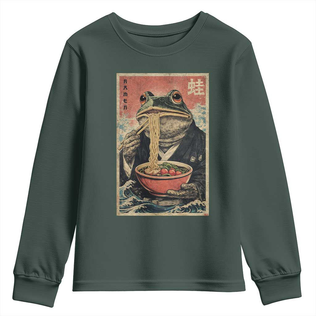 Frog Eat Ramen Youth Sweatshirt Funny Japanese Noodles Anime Lovers Kawaii Anime TS10 Dark Forest Green Print Your Wear