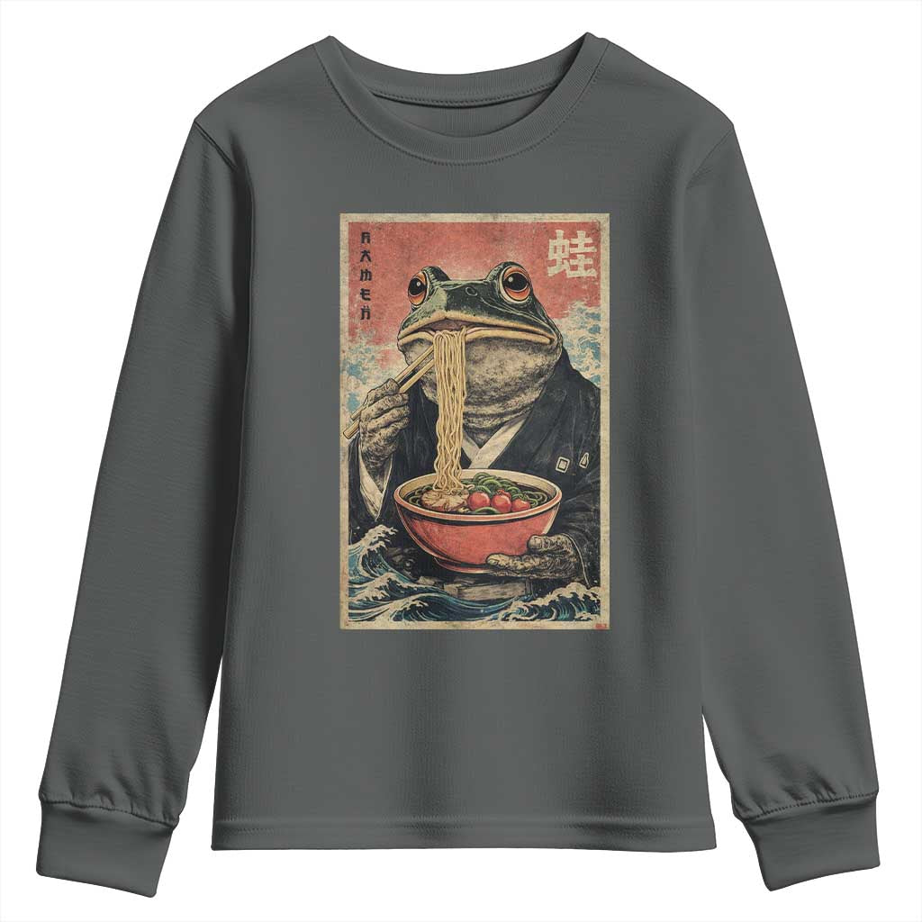 Frog Eat Ramen Youth Sweatshirt Funny Japanese Noodles Anime Lovers Kawaii Anime TS10 Dark Heather Print Your Wear