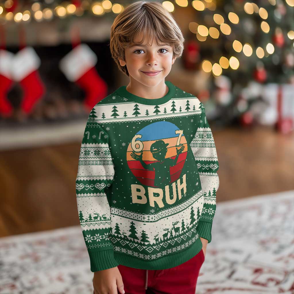 Bruh 67 Meme Ugly Christmas Sweater Funny Six Seven Meme 6 7 Numbers Kid Gen Alpha TS10 Forest Green Beige Print Your Wear