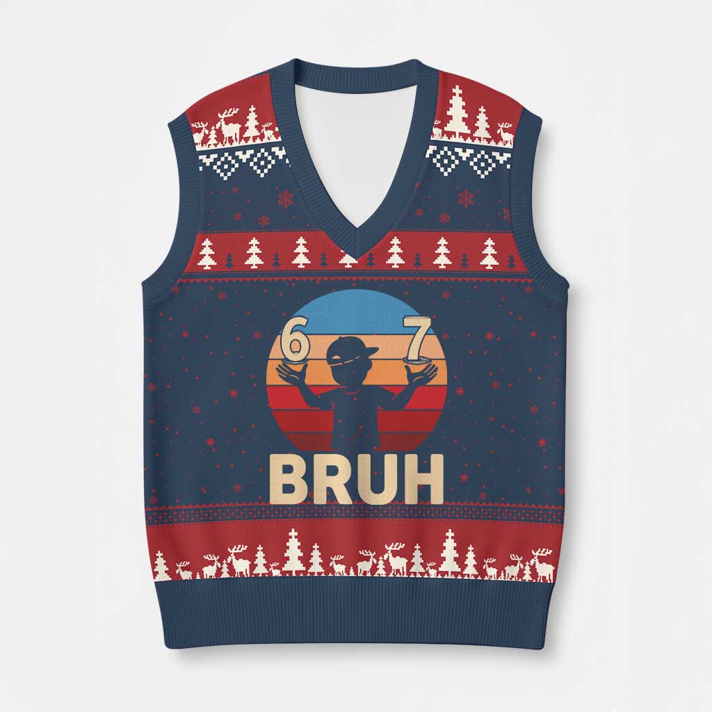 Bruh 67 Meme V-Neck Knit Sweater Vest Funny Six Seven Meme 6 7 Numbers Kid Gen Alpha TS10 Navy Red Print Your Wear