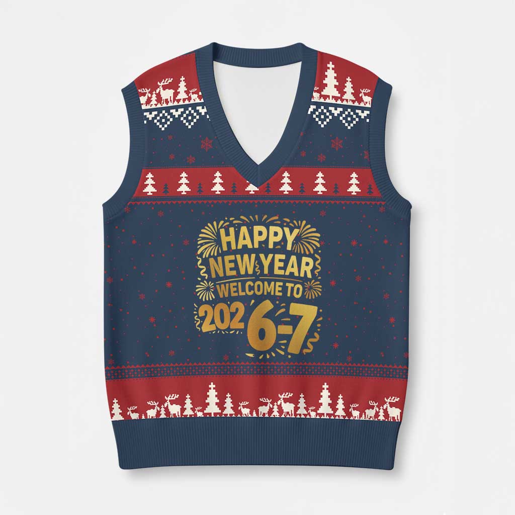 67 New Years Eve V-Neck Knit Sweater Vest Funny Six Seven 2026 Meme 6 7 Numbers Kid Gen Alpha TS10 Navy Red Print Your Wear