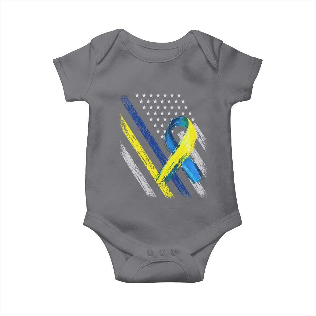 World Down Syndrome Day Baby Onesie Blue Yellow Ribbon American Flag T21 321 TS10 Charcoal Print Your Wear