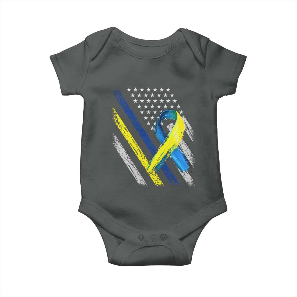 World Down Syndrome Day Baby Onesie Blue Yellow Ribbon American Flag T21 321 TS10 Dark Heather Print Your Wear