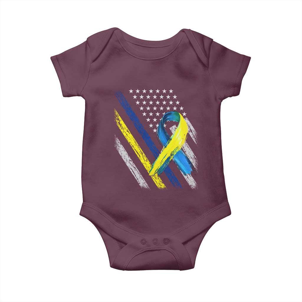 World Down Syndrome Day Baby Onesie Blue Yellow Ribbon American Flag T21 321 TS10 Maroon Print Your Wear