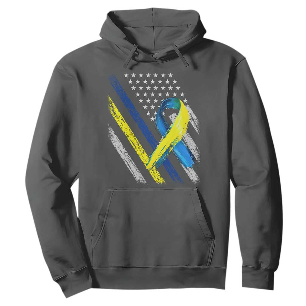 World Down Syndrome Day Hoodie Blue Yellow Ribbon American Flag T21 321 TS10 Dark Heather Print Your Wear