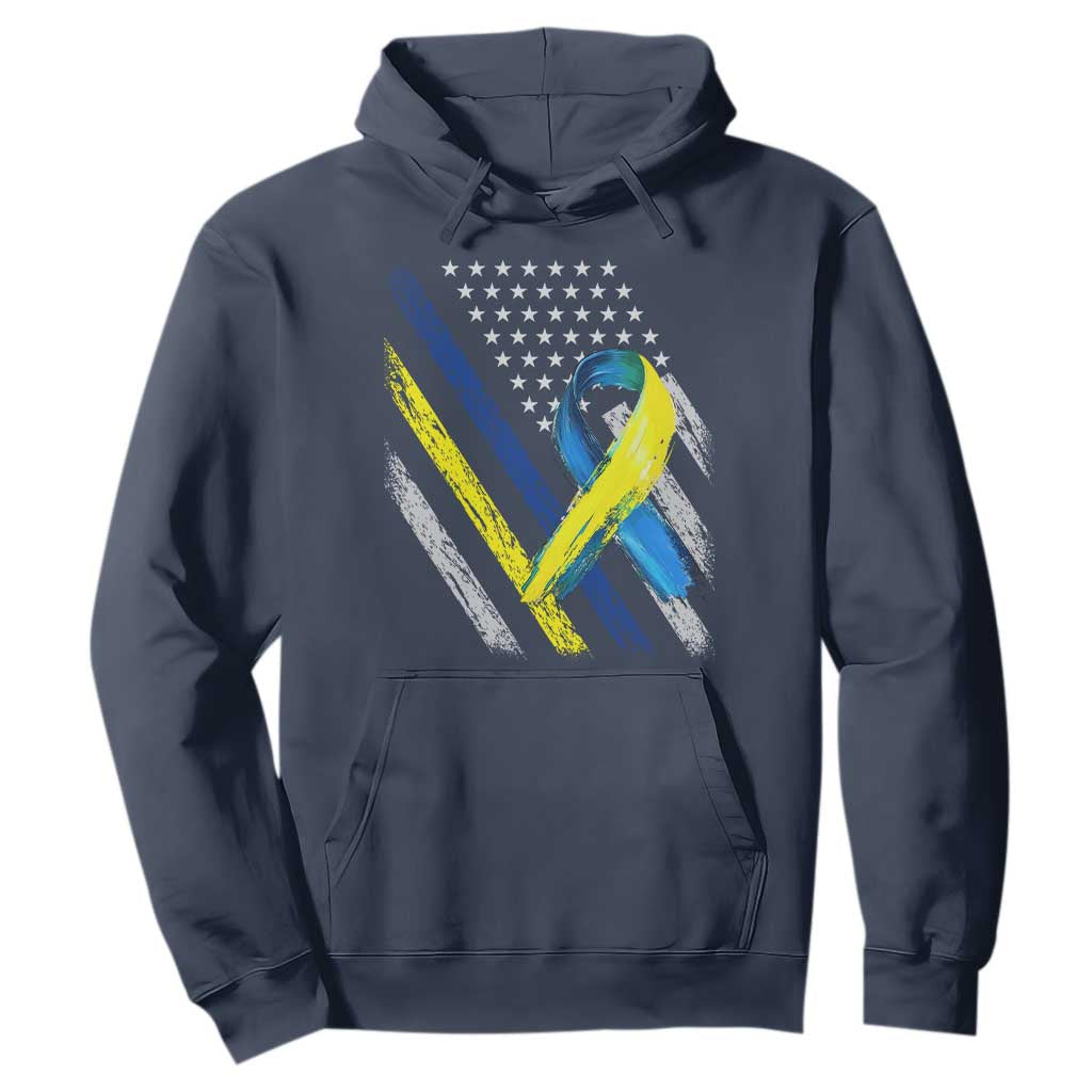 World Down Syndrome Day Hoodie Blue Yellow Ribbon American Flag T21 321 TS10 Navy Print Your Wear