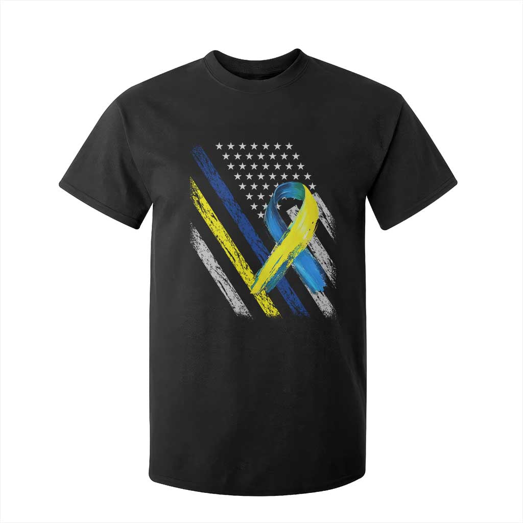 World Down Syndrome Day T Shirt For Kid Blue Yellow Ribbon American Flag T21 321 TS10 Black Print Your Wear
