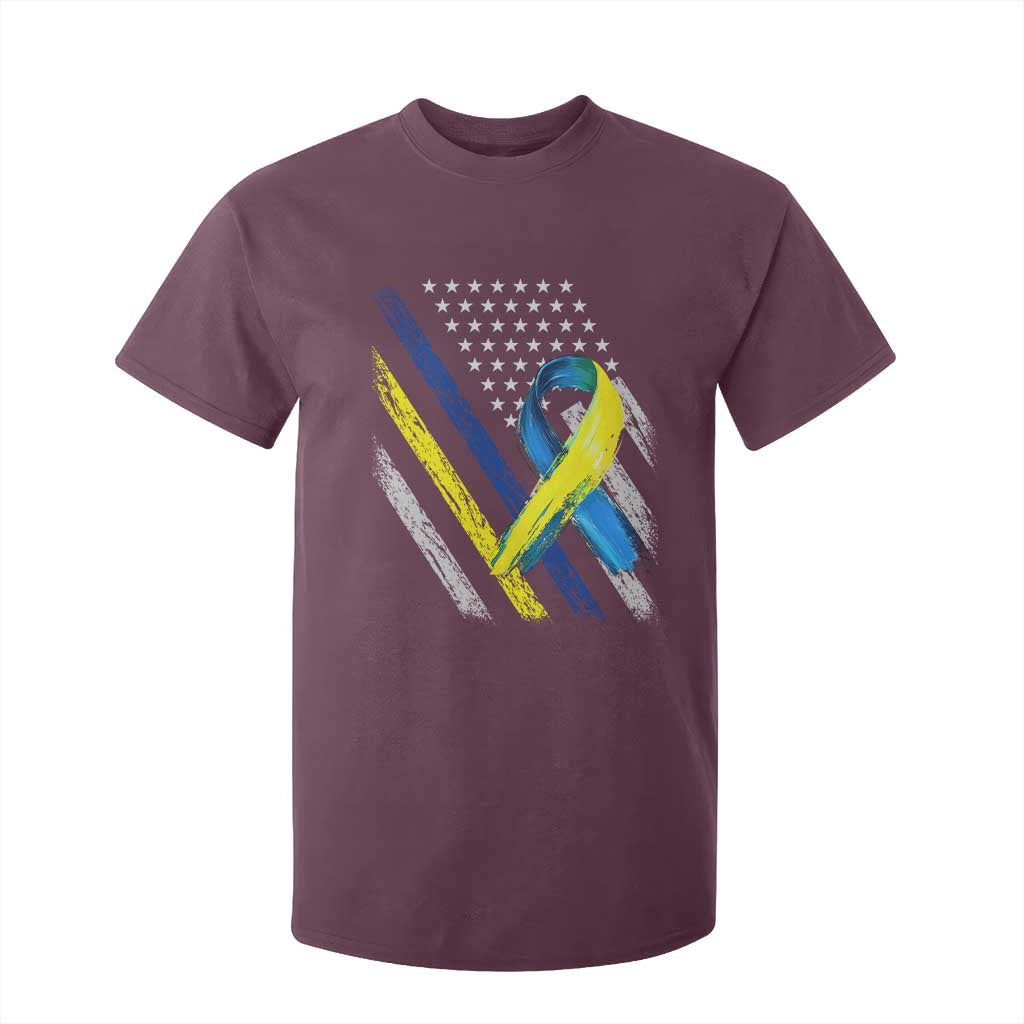 World Down Syndrome Day T Shirt For Kid Blue Yellow Ribbon American Flag T21 321 TS10 Maroon Print Your Wear