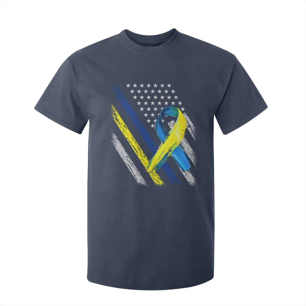 World Down Syndrome Day T Shirt For Kid Blue Yellow Ribbon American Flag T21 321 TS10 Navy Print Your Wear