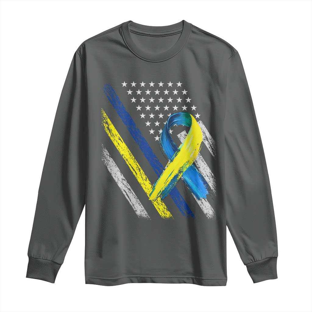 World Down Syndrome Day Long Sleeve Shirt Blue Yellow Ribbon American Flag T21 321 TS10 Dark Heather Print Your Wear