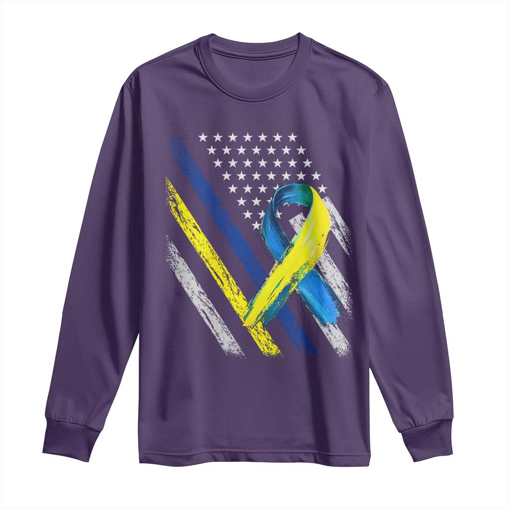 World Down Syndrome Day Long Sleeve Shirt Blue Yellow Ribbon American Flag T21 321 TS10 Purple Print Your Wear