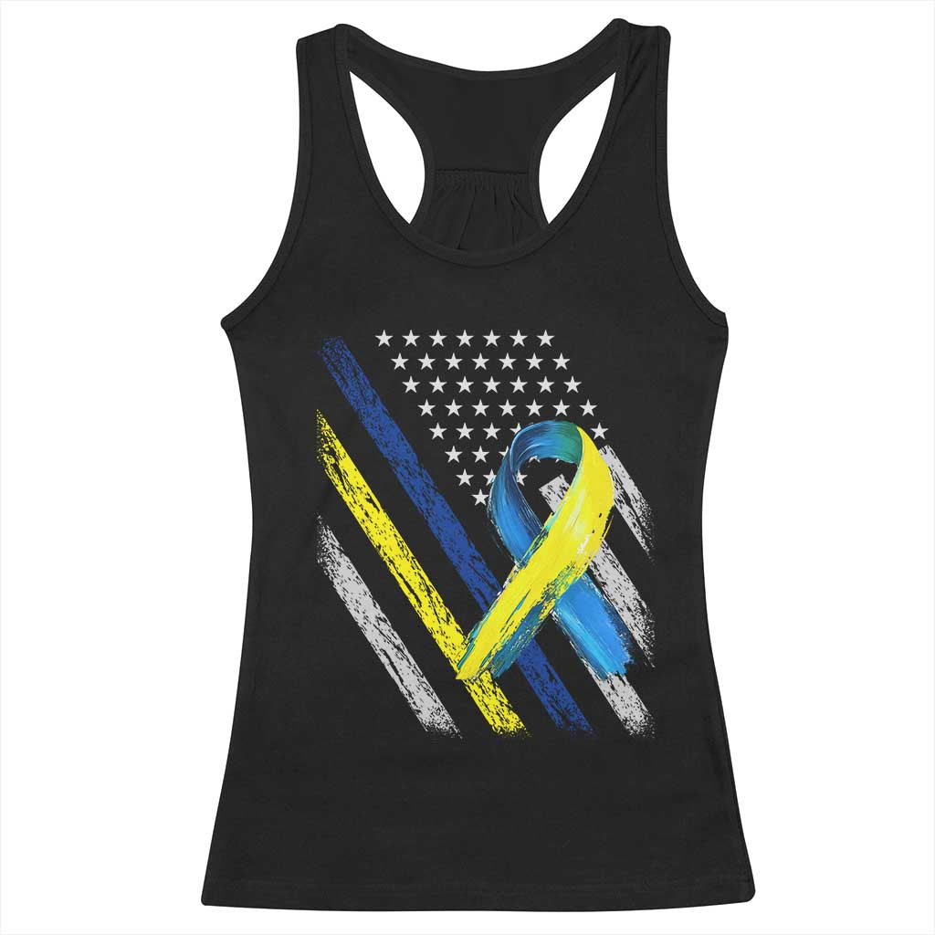World Down Syndrome Day Racerback Tank Top Blue Yellow Ribbon American Flag T21 321 TS10 Black Print Your Wear