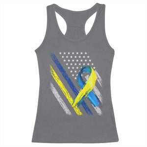 World Down Syndrome Day Racerback Tank Top Blue Yellow Ribbon American Flag T21 321 TS10 Charcoal Print Your Wear