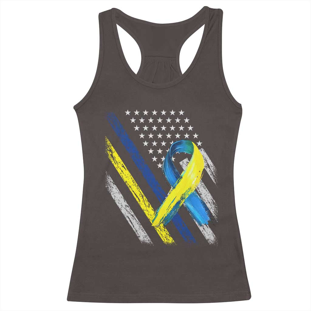 World Down Syndrome Day Racerback Tank Top Blue Yellow Ribbon American Flag T21 321 TS10 Dark Chocolate Print Your Wear