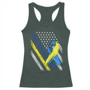 World Down Syndrome Day Racerback Tank Top Blue Yellow Ribbon American Flag T21 321 TS10 Dark Forest Green Print Your Wear