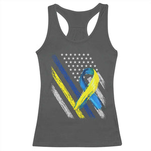 World Down Syndrome Day Racerback Tank Top Blue Yellow Ribbon American Flag T21 321 TS10 Dark Heather Print Your Wear